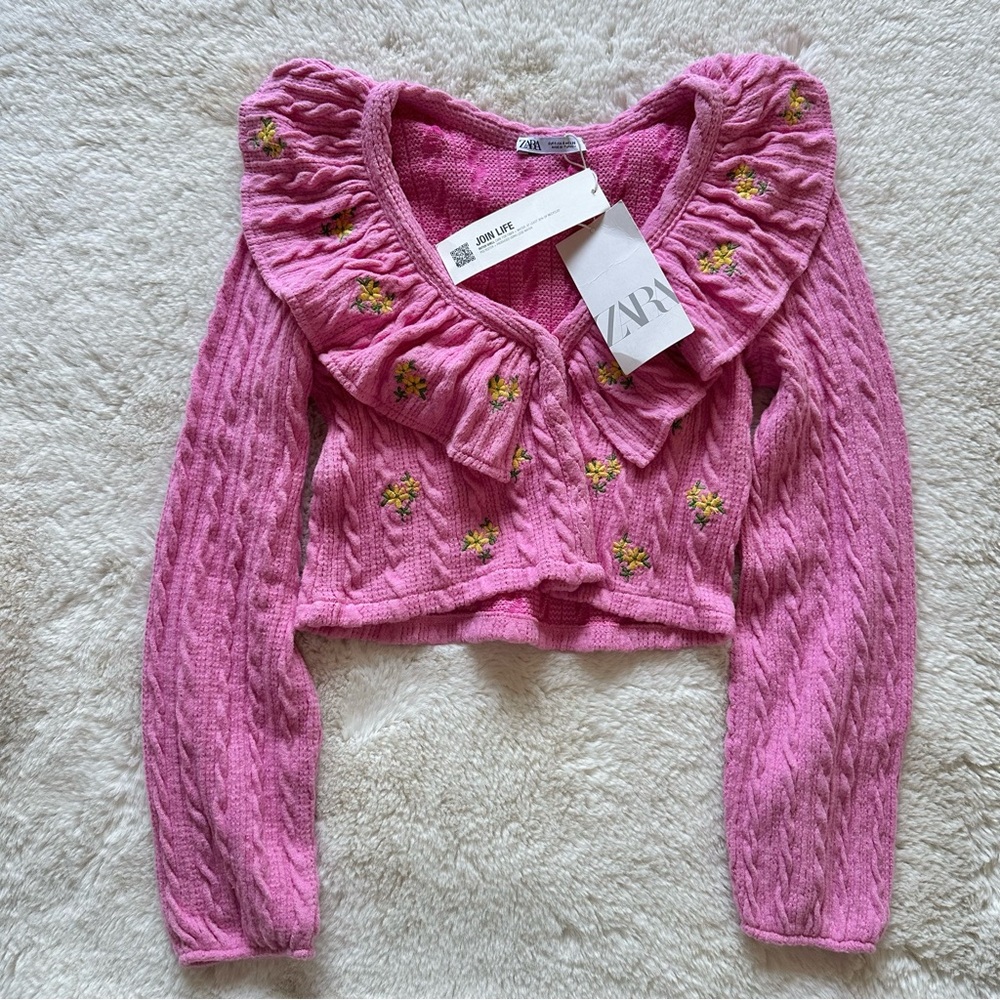 Zara Pink Cropped Ruffle Cardigan with Yellow Floral Embroidery